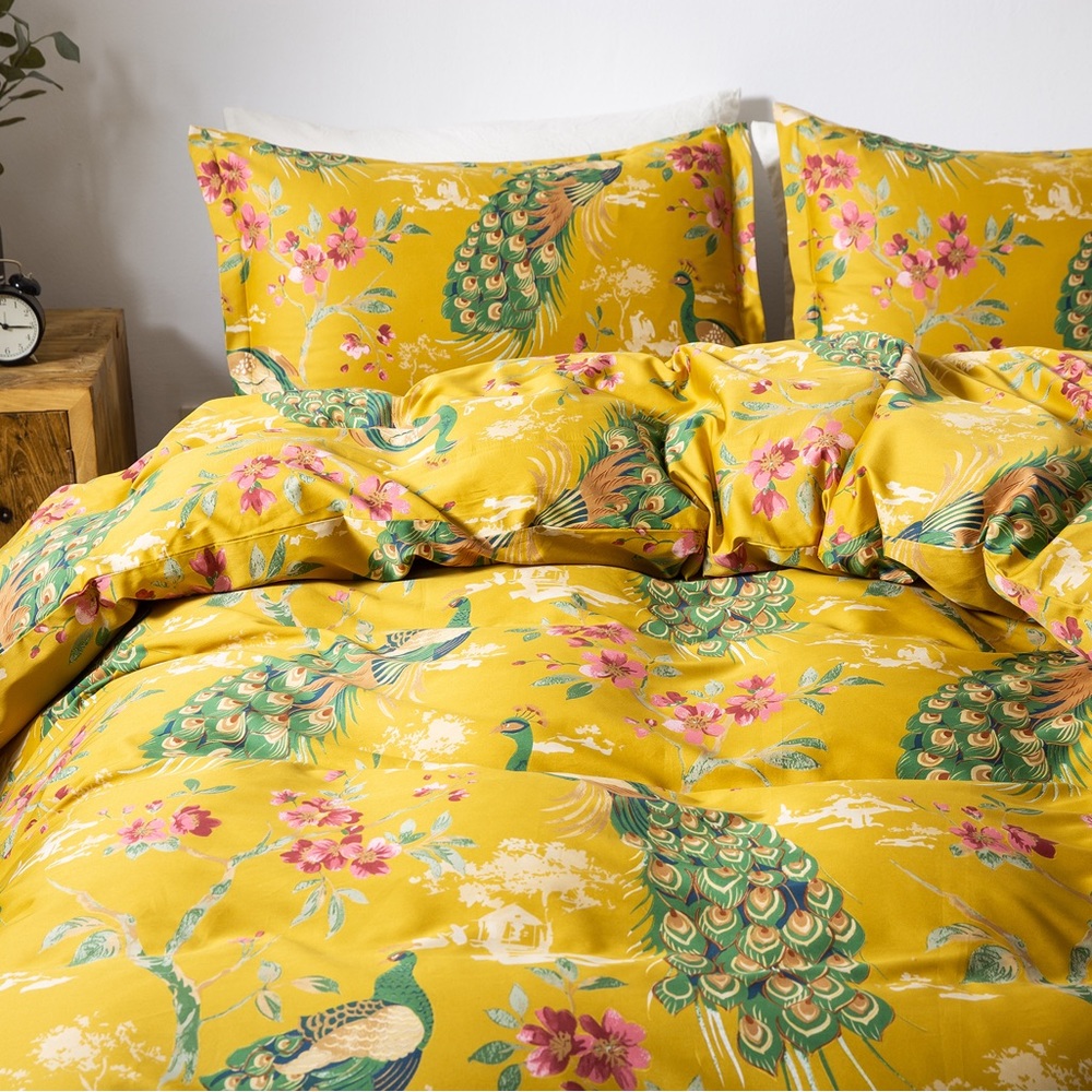 NWT Eikei King Chinoiserie Yellow Citrine Peacock Sakura Blossom Duvet Cover Set